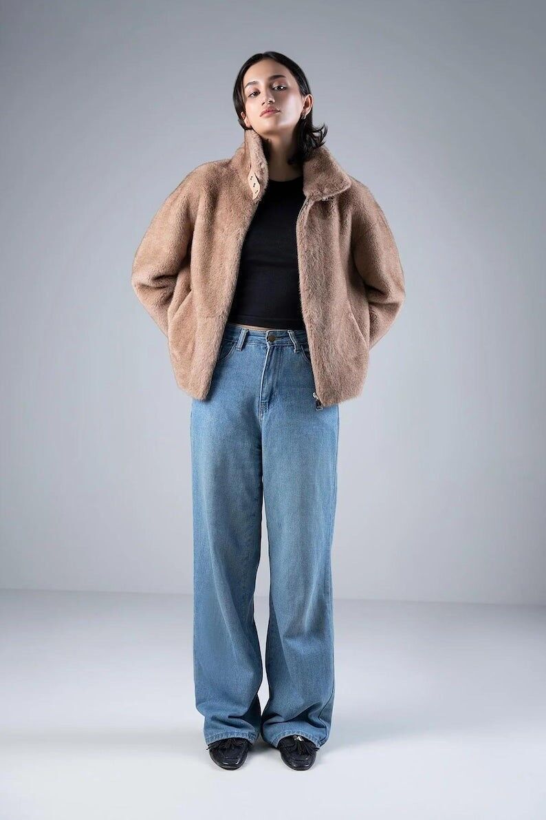 Veste Teddy oversize beige camel en fausse fourrure : Manteau d'hiver pour femme