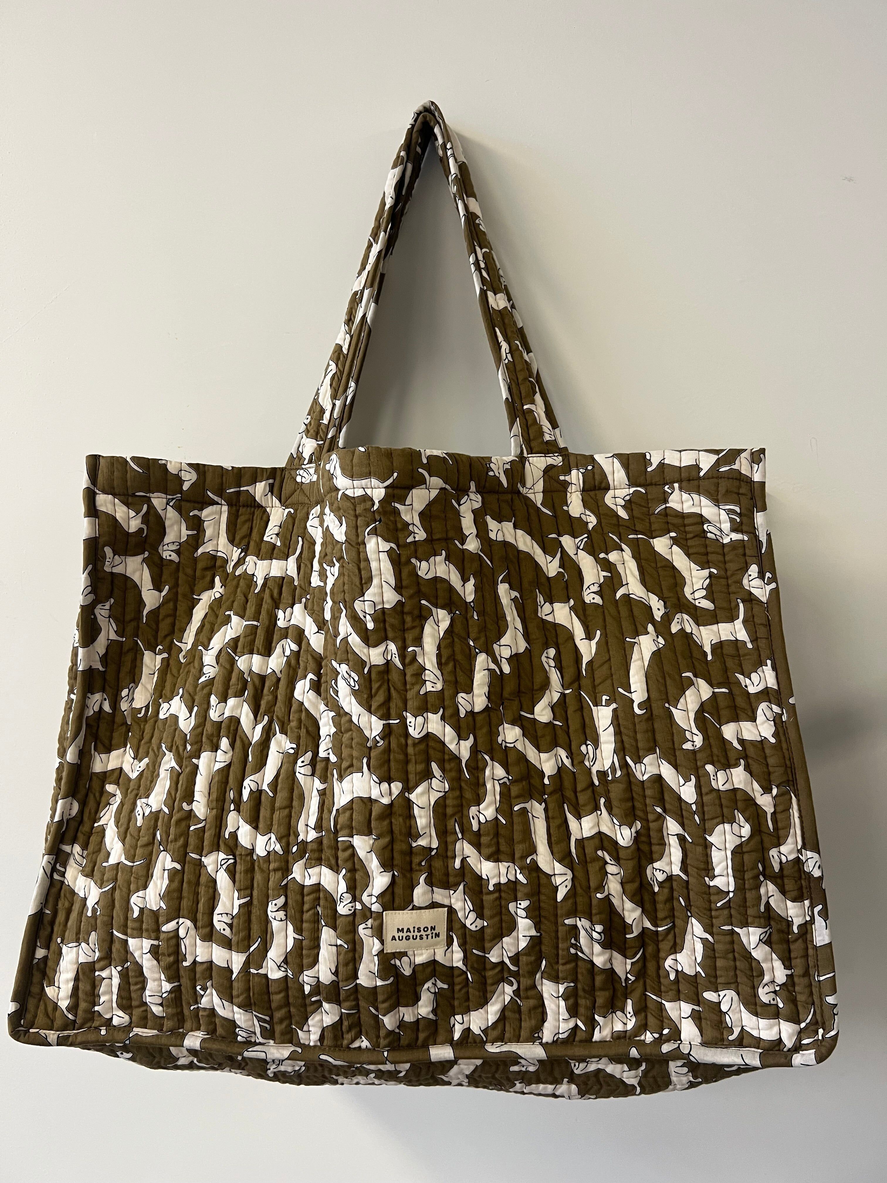 Borsa tote color cachi con motivo bassotto