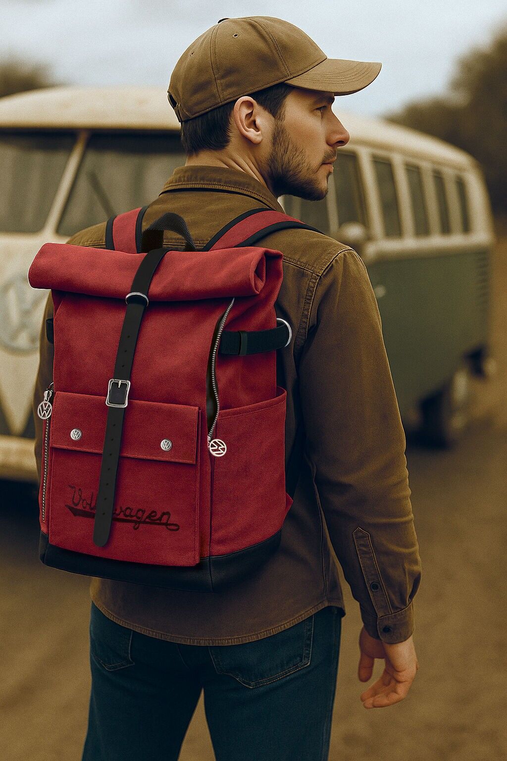 Zaino VW Vintage Rolltop (volume variabile), BUBP21, rosso/nero