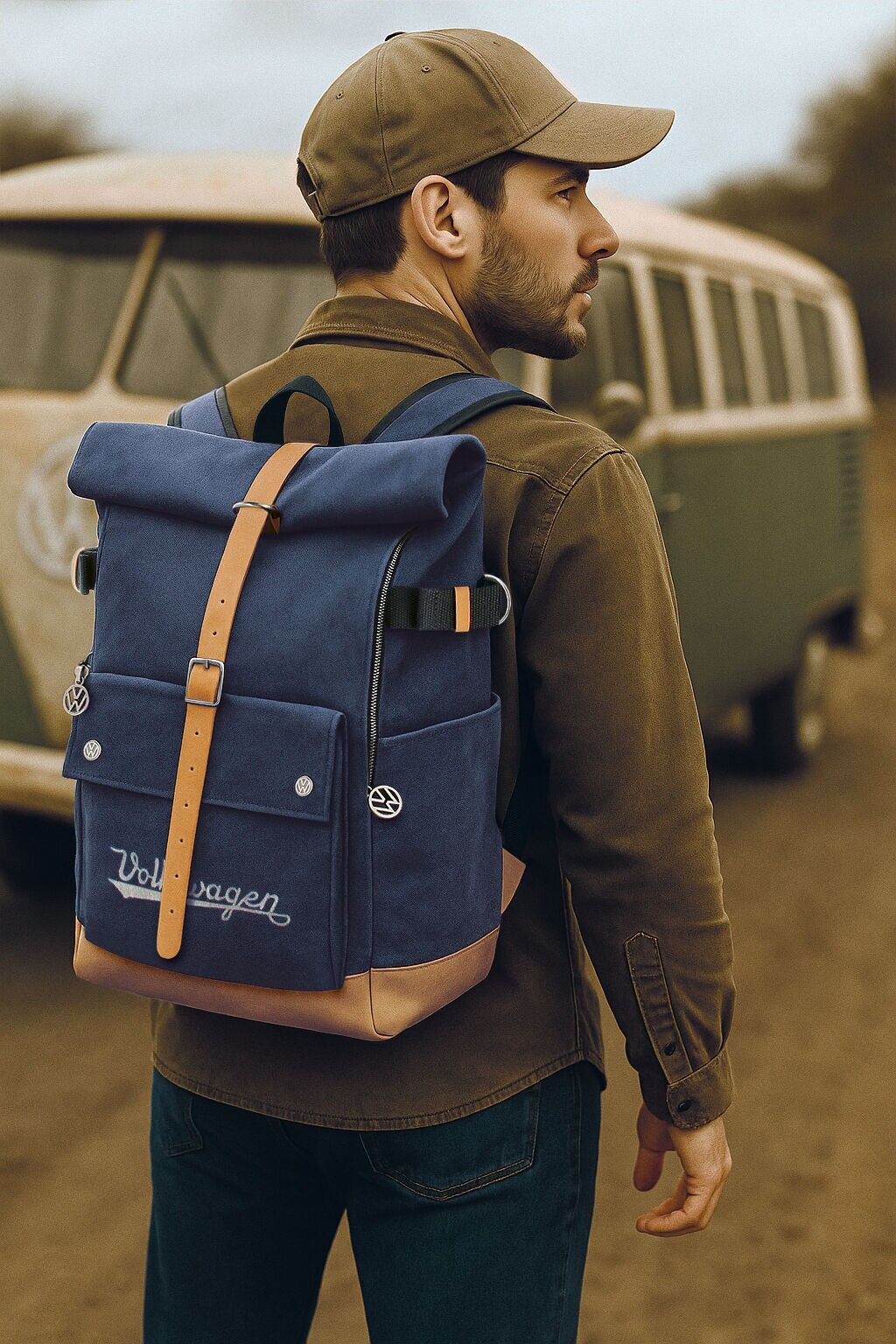 VW Vintage Rolltop-Rucksack (variables Volumen), BUBP22, blau/braun