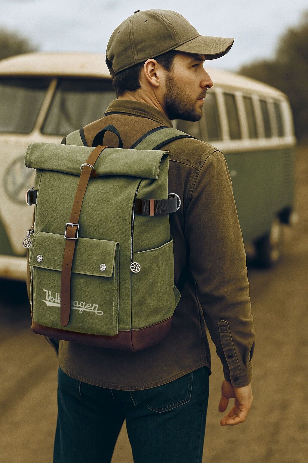 Zaino VW Vintage Rolltop (volume variabile), BUBP23, oliva/marrone chiaro