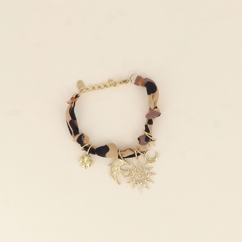 Armband – Band, Stoff und Anhänger (Sonne, Vogel, Mond, Stern, Kleeblatt)