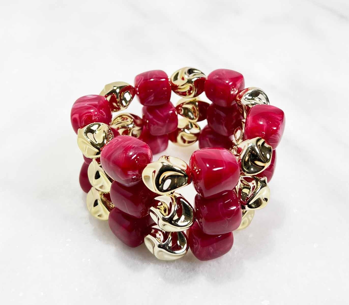 Pulsera de tubo acrílico sobre elástico - Oro rosa frambuesa