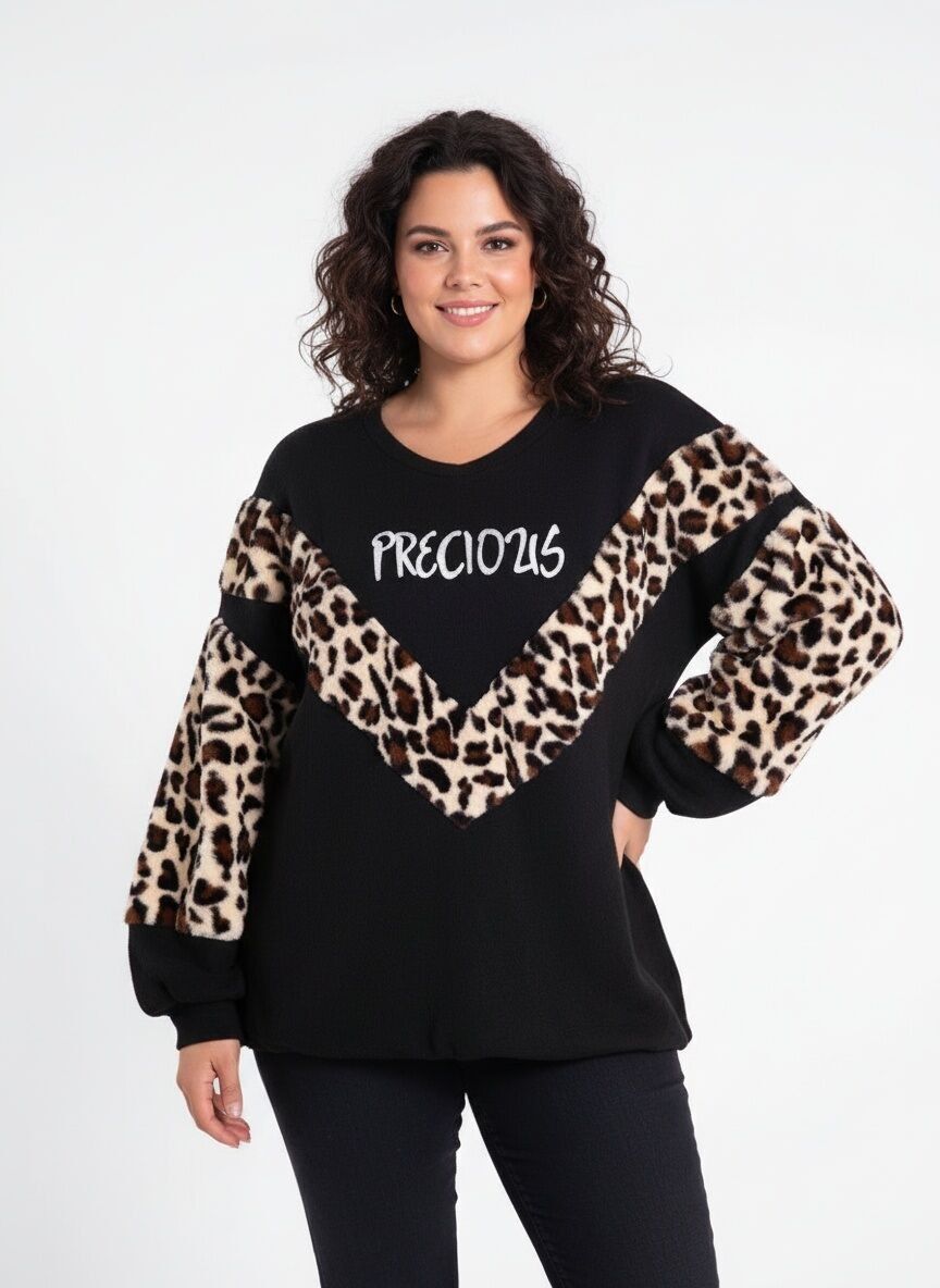 Suéter negro de talla grande con estampado de leopardo (C6322)