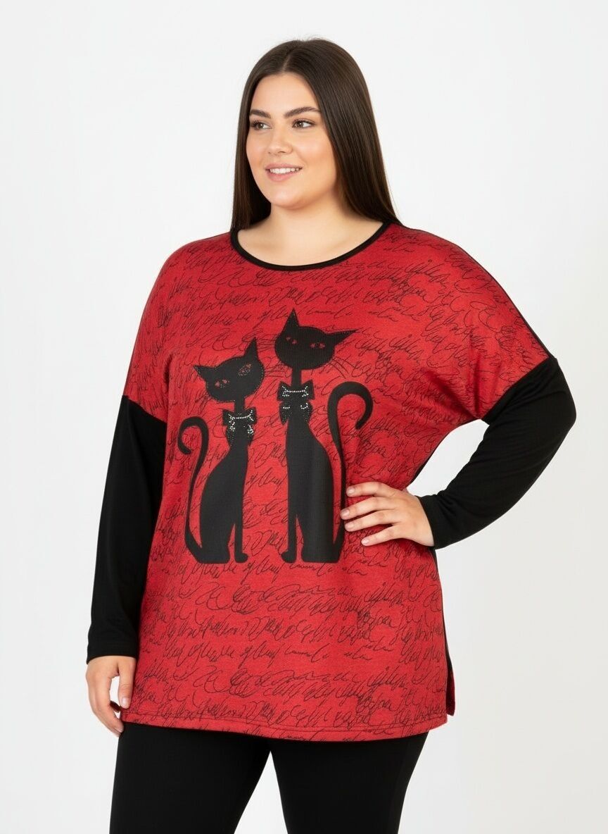 Suéter rojo con estampado de gato de talla grande (C6610)