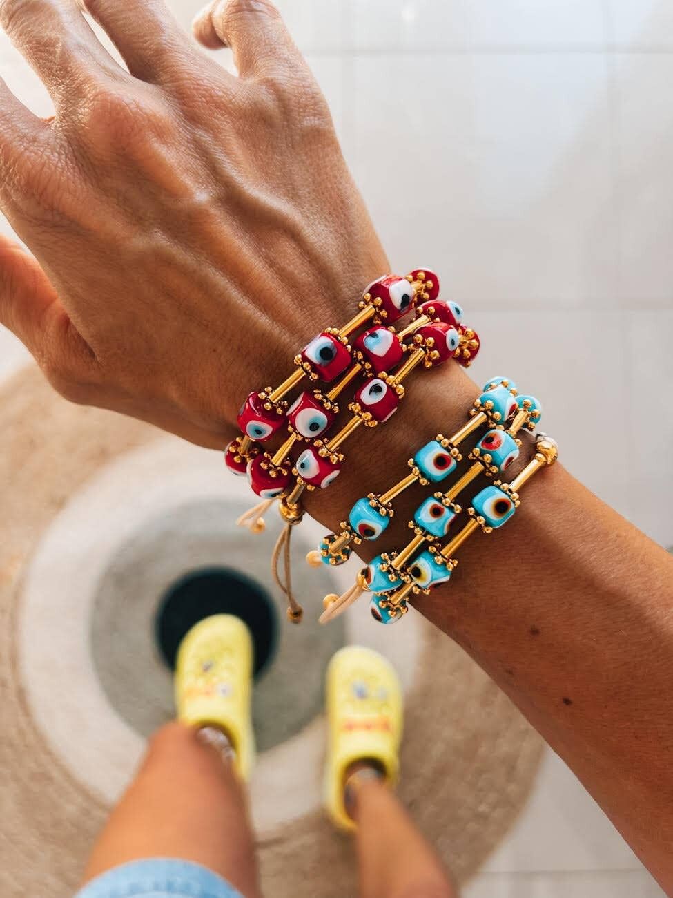 Red and turquoise glass beaded bracelets