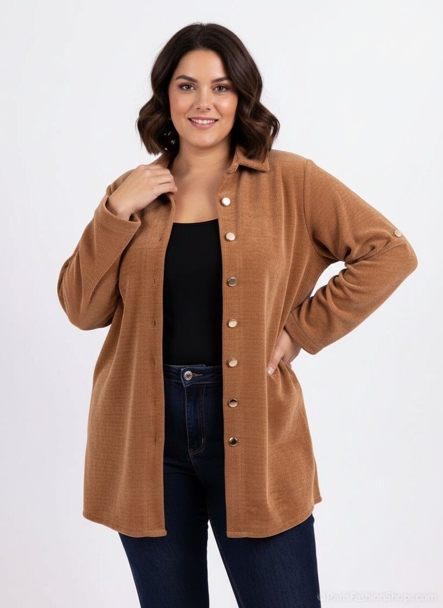 Camicia lunga taglie forti in velluto a coste color cammello (T20688)