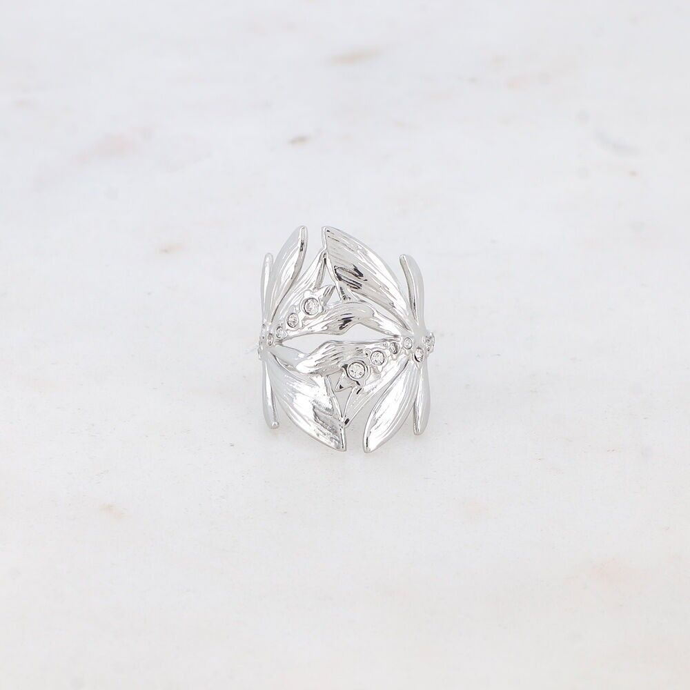 Anello Rania - due foglie in acciaio inossidabile e zirconi cubici