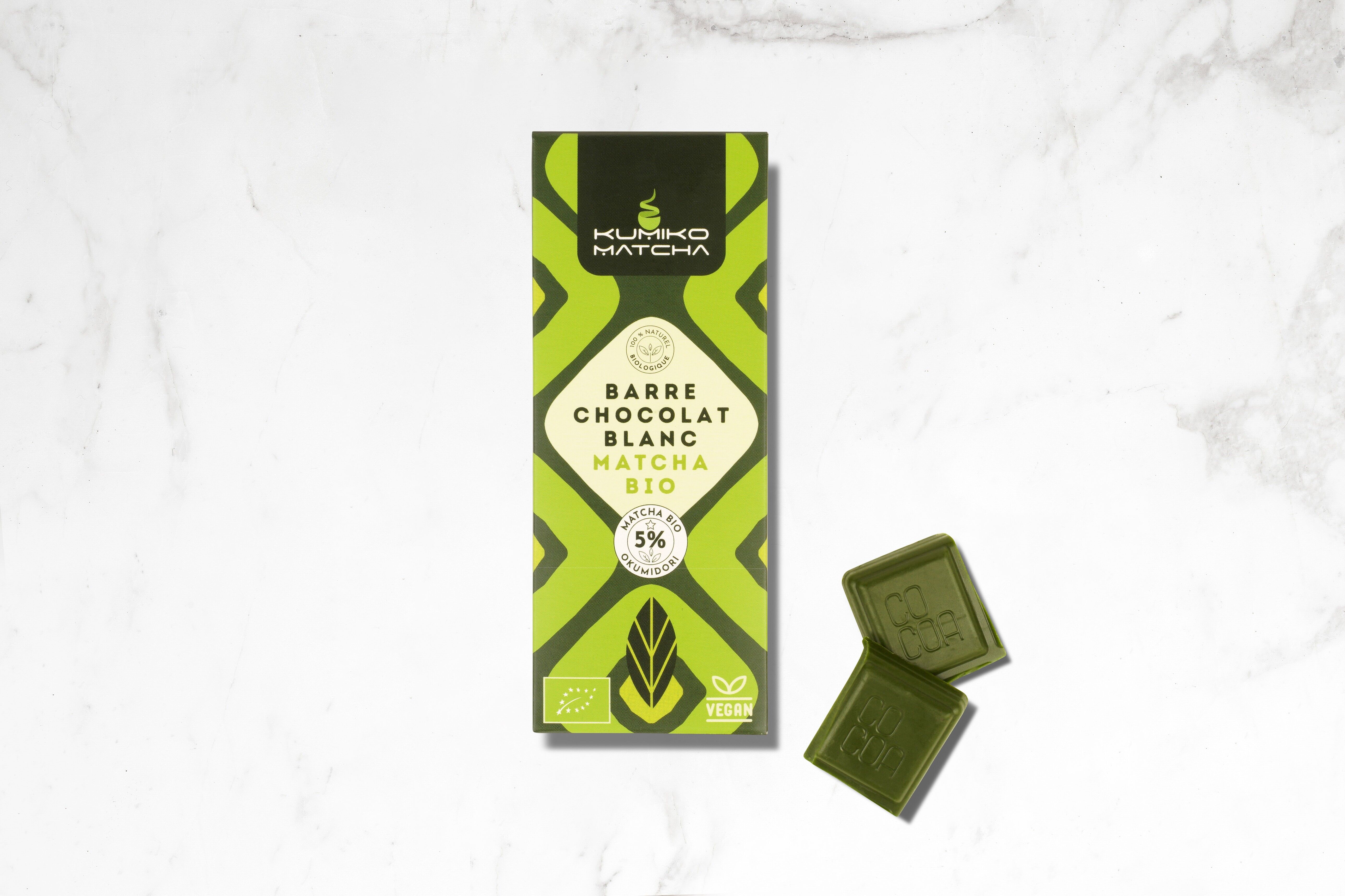 Weiße Schokolade und 5 % Bio-Matcha-Okumidori-Riegel, 40 g – Bio-zertifiziert – Vegan