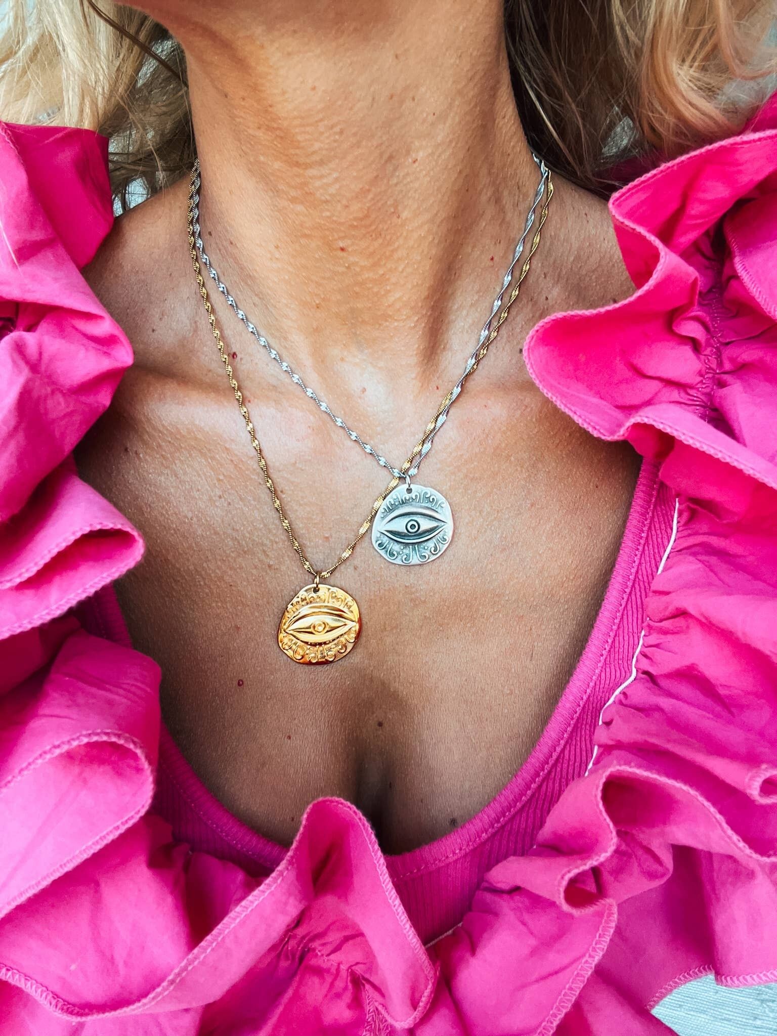 Collier de protection contre le mauvais œil en or 24 carats et argent 925