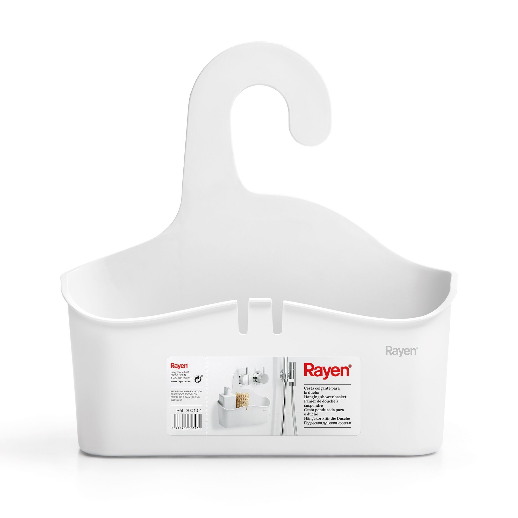 Rayen | Hängender Duschkorb, mit Abflusslöchern und Haken vorne, multifunktional, robust, 28 x 8 x 28 cm, Weiß