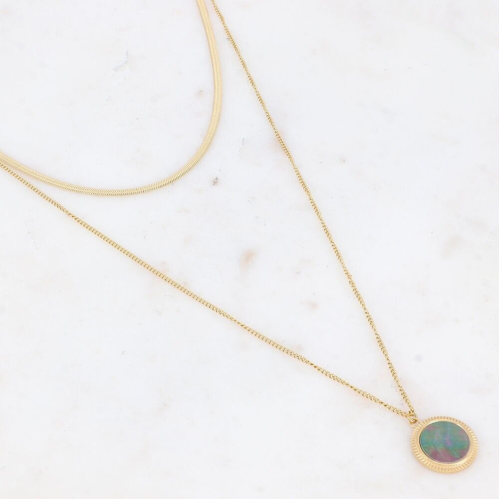 Double-strand necklace with a round tassel, mother-of-pearl or natural stone