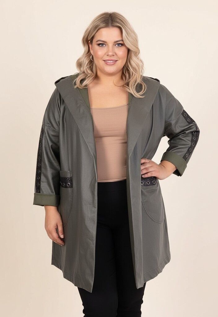 Veste à capuche grande taille en similicuir kaki (T251080)