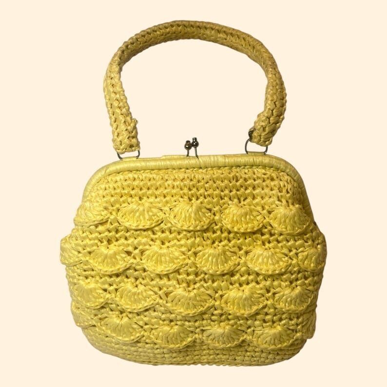 Sac à main vintage jaune tissé des années 1960, fabriqué au Japon, style milieu du siècle