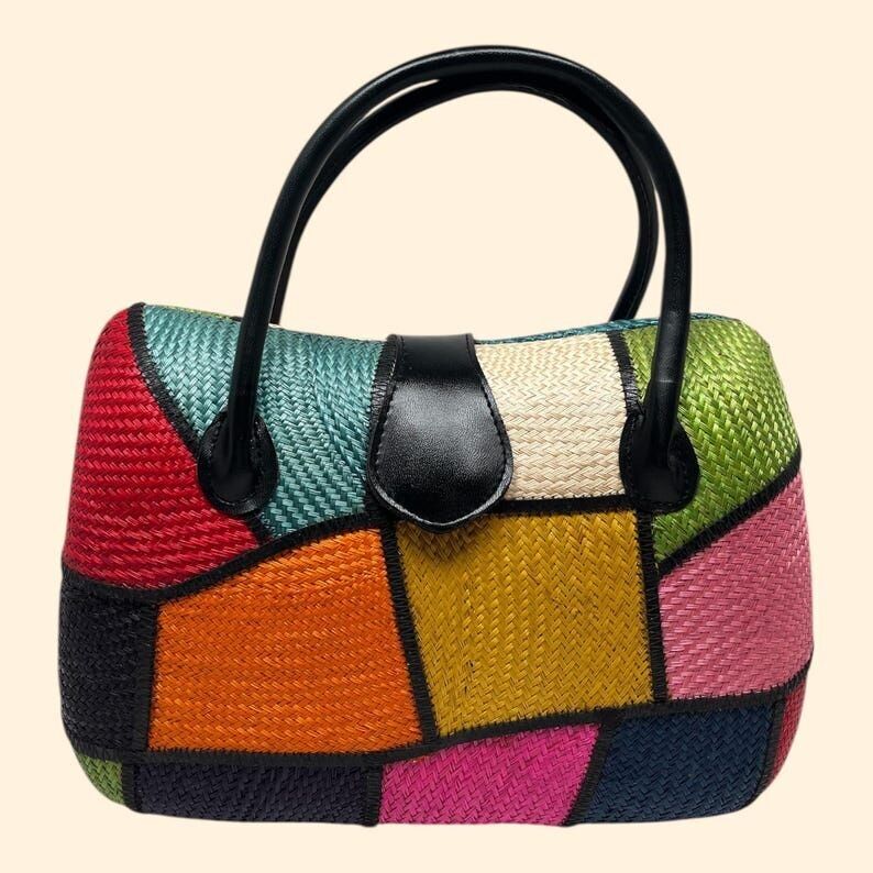 1960s Vintage Multicolor Woven Look Patchwork Handbag with Black Handles Mid Century Purse