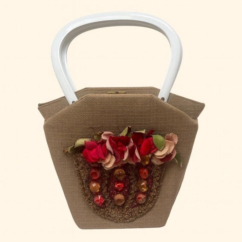 Sac à main Jolle Original à motif floral et perles, années 1960, avec anses blanches. Style vintage.