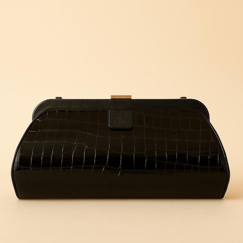 Vintage Anne Klein 1980s 1990s Black Crocodile Embossed Genuine Leather Shoulder Bag Gold Lion Emblem