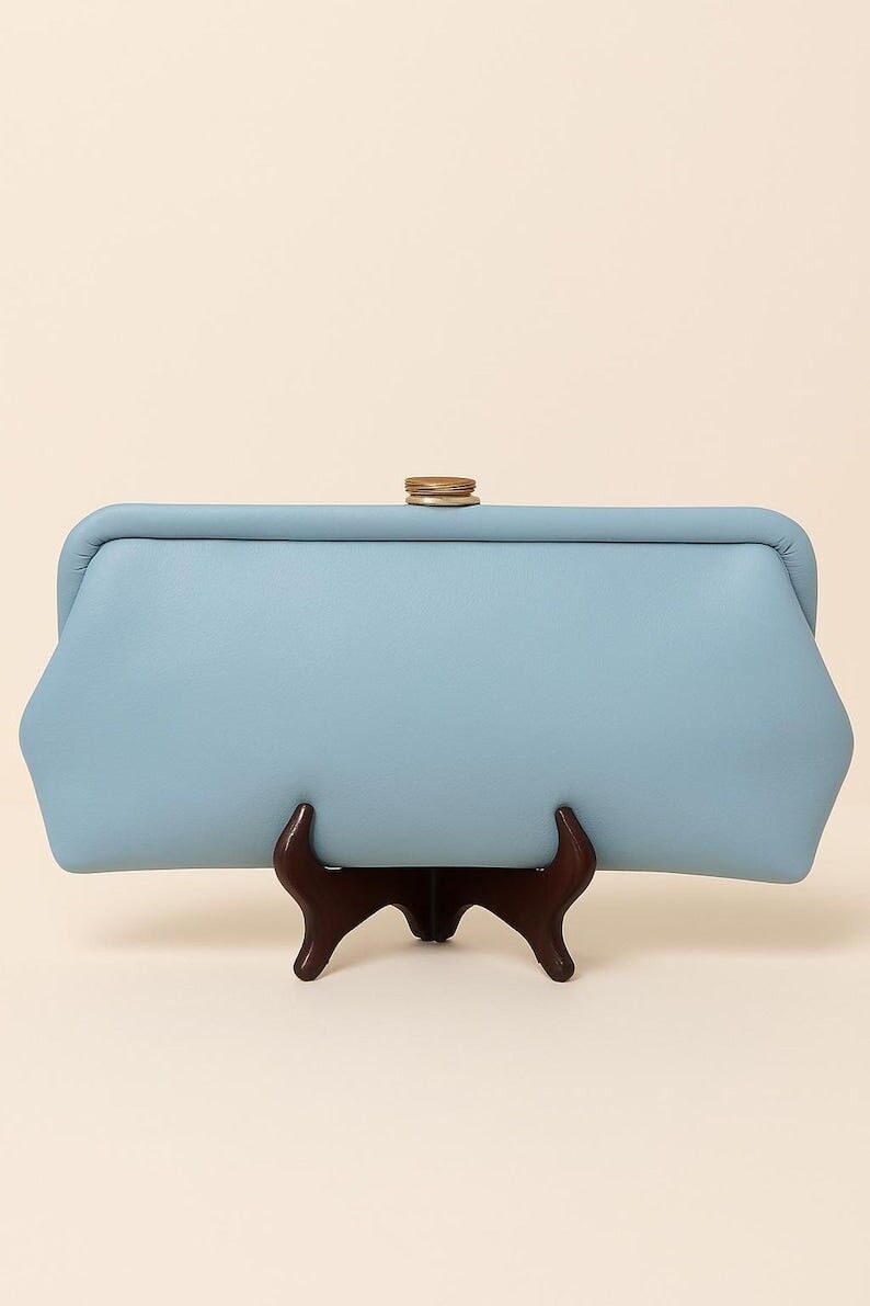 1960s Vintage Light Blue Handbag Structured Frame Gold Clasp Mid Century Purse