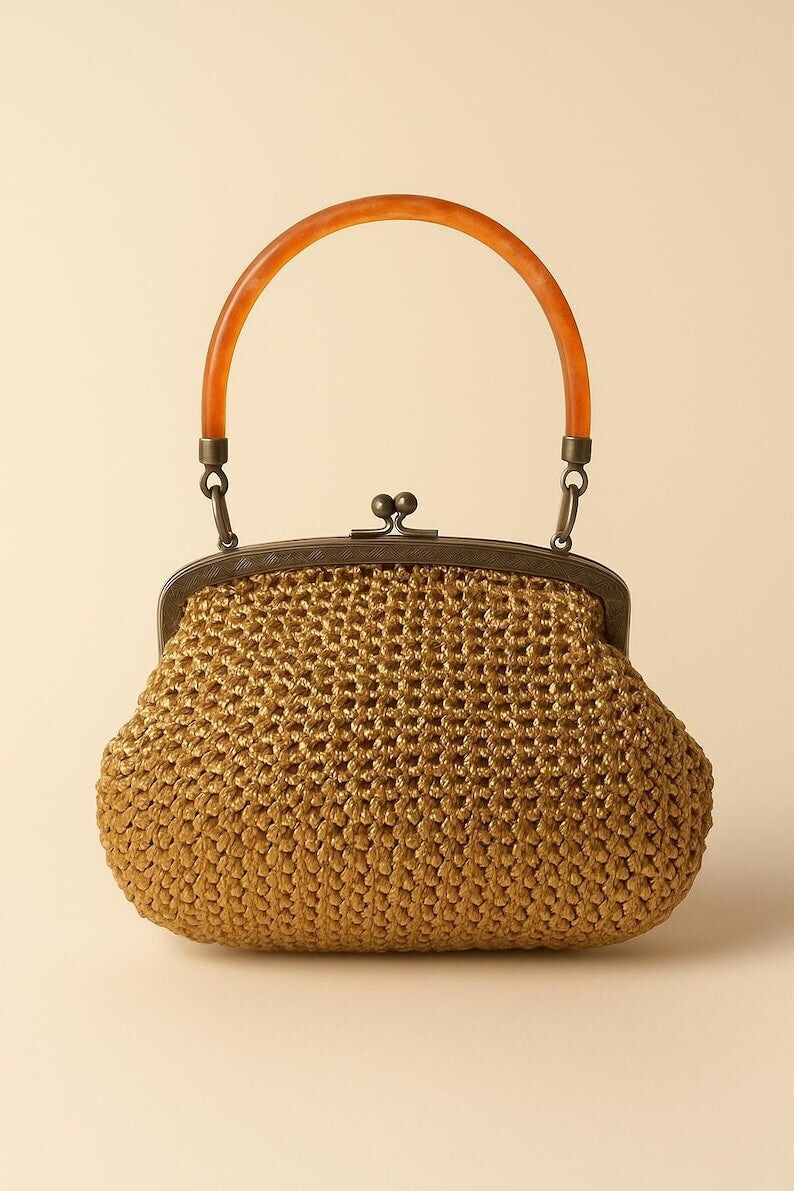 Vintage-Handtasche aus den 1960er Jahren mit gewebtem Stoff und orangefarbenem Acrylgriff, Mid-Century-Stil