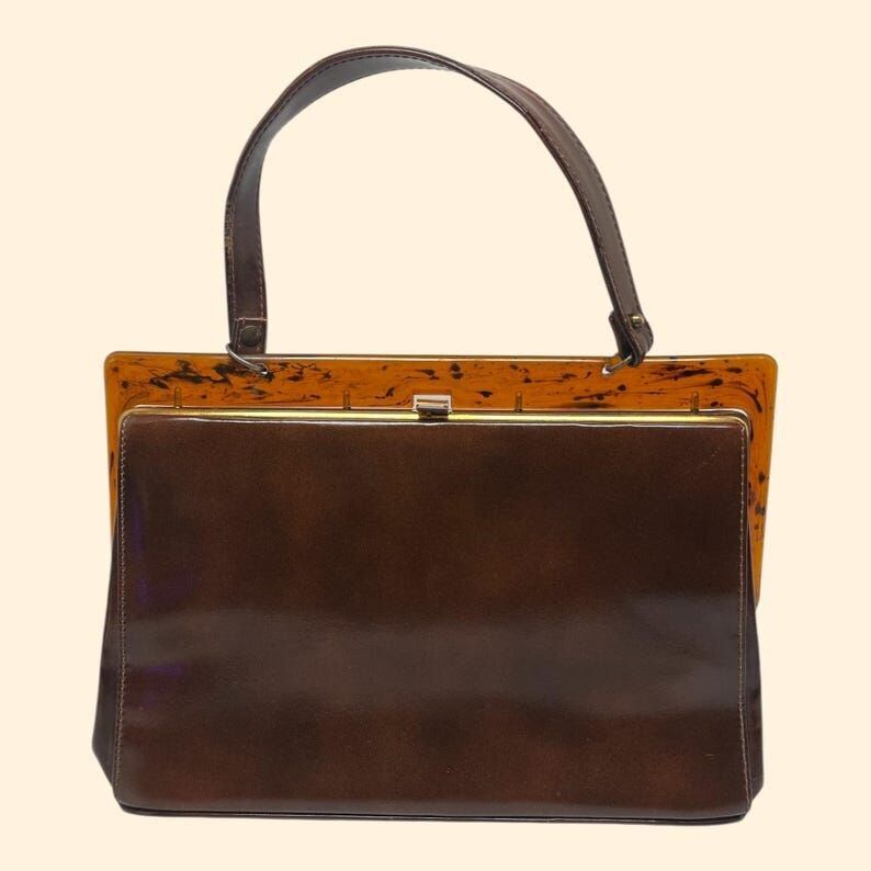 Lavalize Vintage-Handtasche aus braunem Leder aus den 1960er Jahren mit Acrylglasrahmen, Mid-Century-Stil