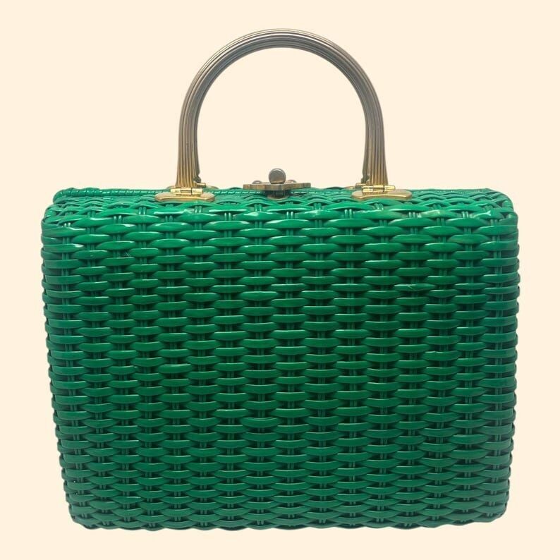 Wicka Weave für Jana Vintage grüne gewebte Kunststoffbox-Handtasche aus den 1960er Jahren, hergestellt in Hongkong, Mid-Century-Handtasche