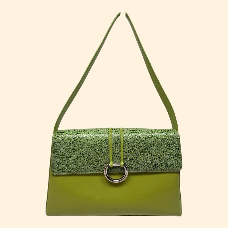 Alexandrea Ashlie Vintage Handtasche aus den 1960er Jahren, limettengrün, mit silbernem Ring, Mod-Schultertasche