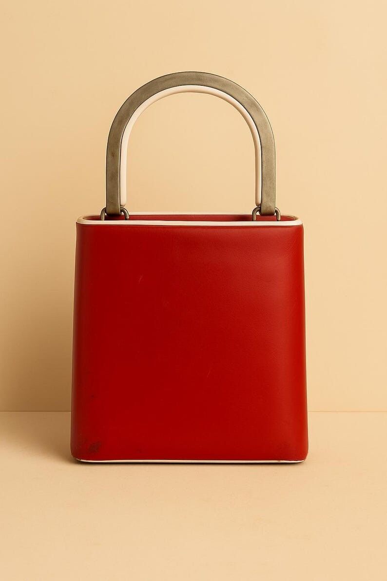 Vintage rote, strukturierte Handtasche aus den 1960er Jahren mit U-förmigem Metallgriff und elfenbeinfarbenen Details im Mid-Century-Modern-Stil.