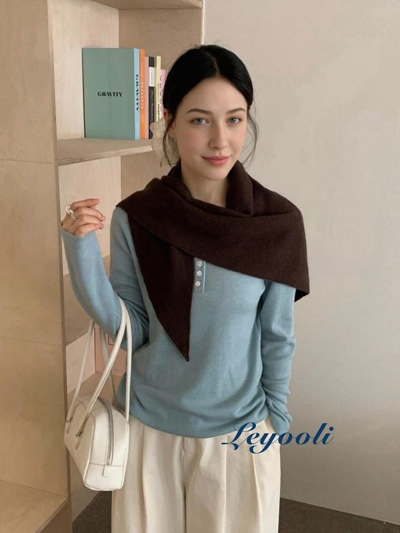 Bufanda triangular de punto 100 % lana color marrón castaño, chal cálido acanalado, abrigo acogedor hecho a mano