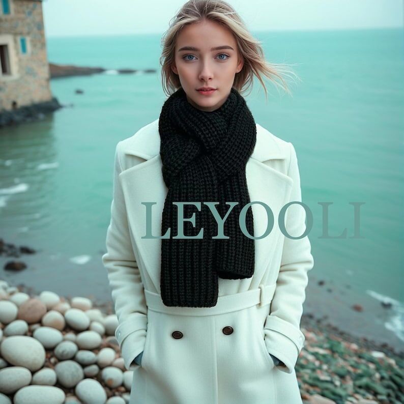 Bufanda de algodón tejida a mano, bufanda de invierno verde oscuro, chal elegante y cálido