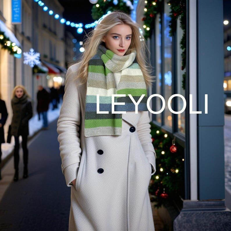 Sciarpa di lana a righe, verde blu grigio, sciarpa invernale lavorata a maglia