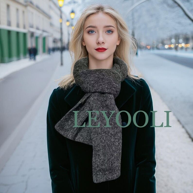 Bufanda de punto de lana gris oscuro hecha a mano, accesorio cálido para el invierno