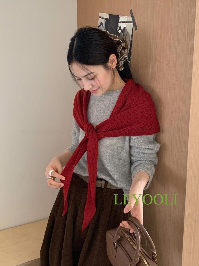 Red Knit Triangle Scarf, Handmade Lace Shawl