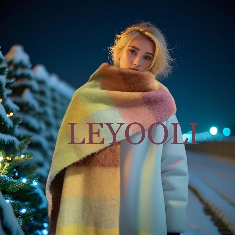 Rainbow Plaid Wool Blend Scarf, Fringed Winter Shawl