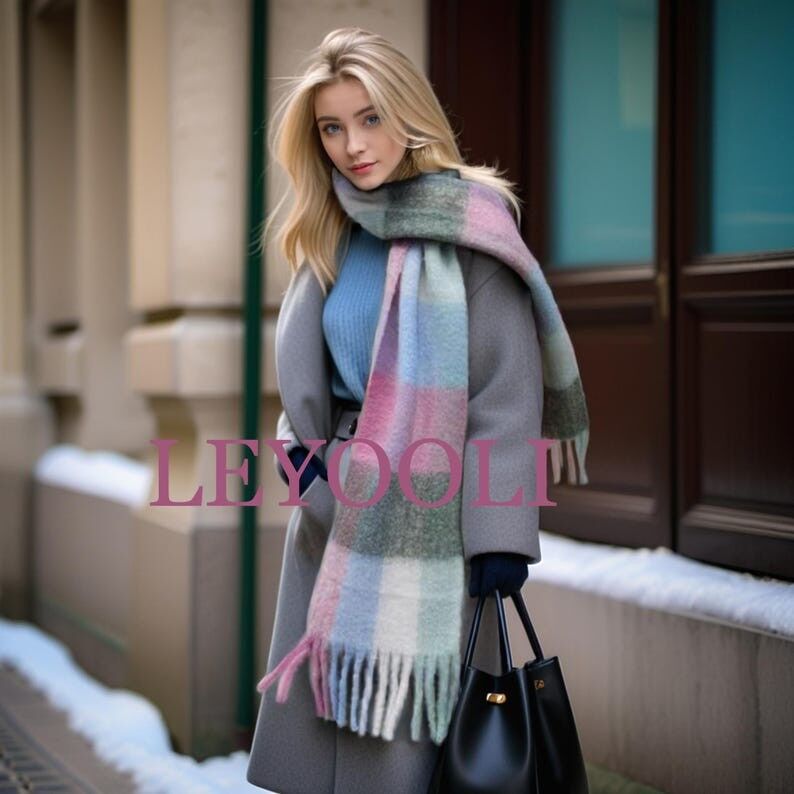 Bufanda de lana y mohair a cuadros azul claro, chal de invierno con bloques de color
