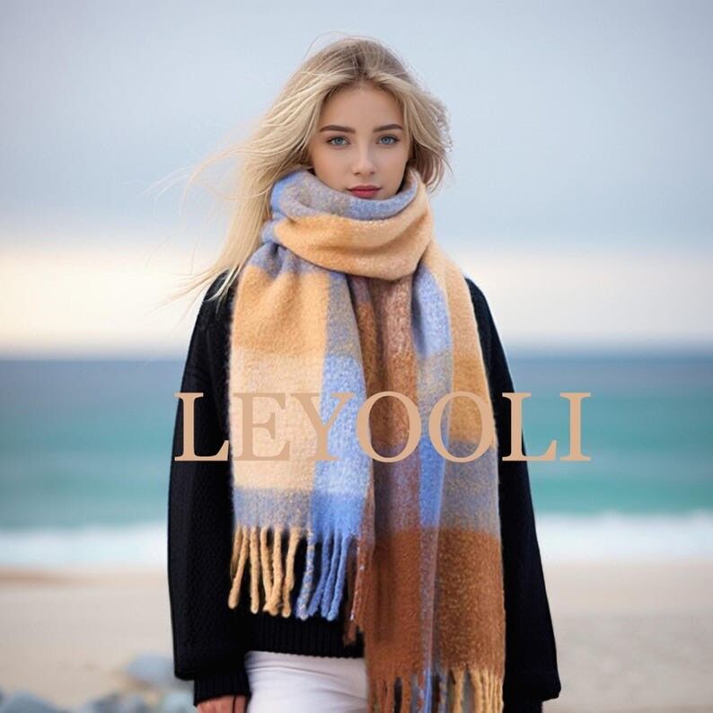 Bufanda de mezcla de lana a cuadros azul grisáceo, chal cálido de invierno