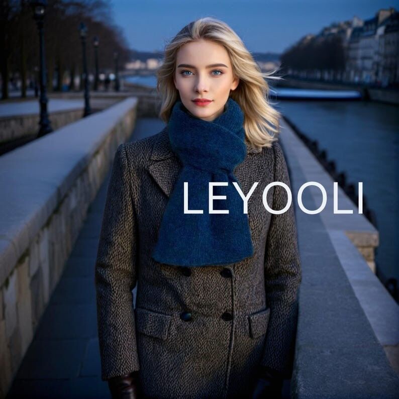 Handmade Wool Knitted Scarf: Dark Navy Blue Winter Scarf