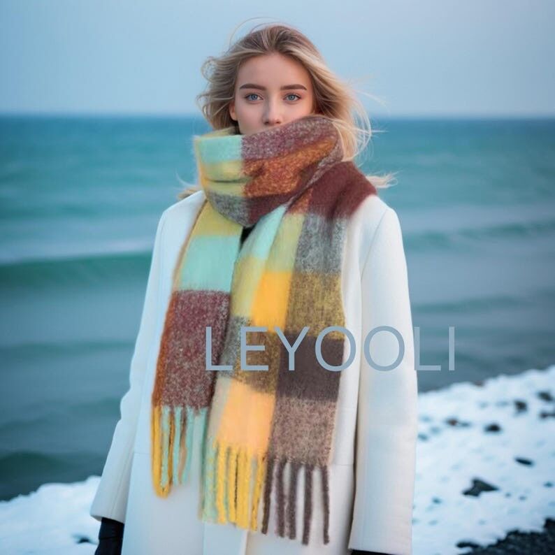 Bufanda de lana con flecos a cuadros, chal de otoño e invierno, accesorio de moda unisex