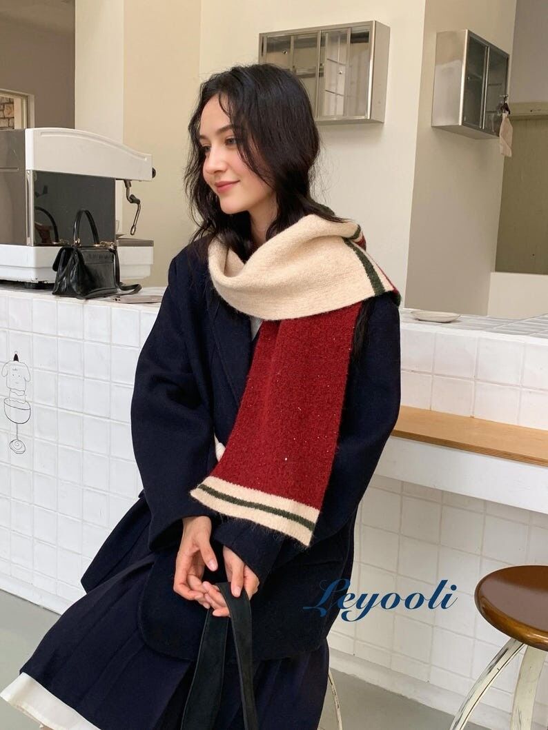 Bufanda de punto a rayas de mohair hecha a mano, cálida bufanda de invierno