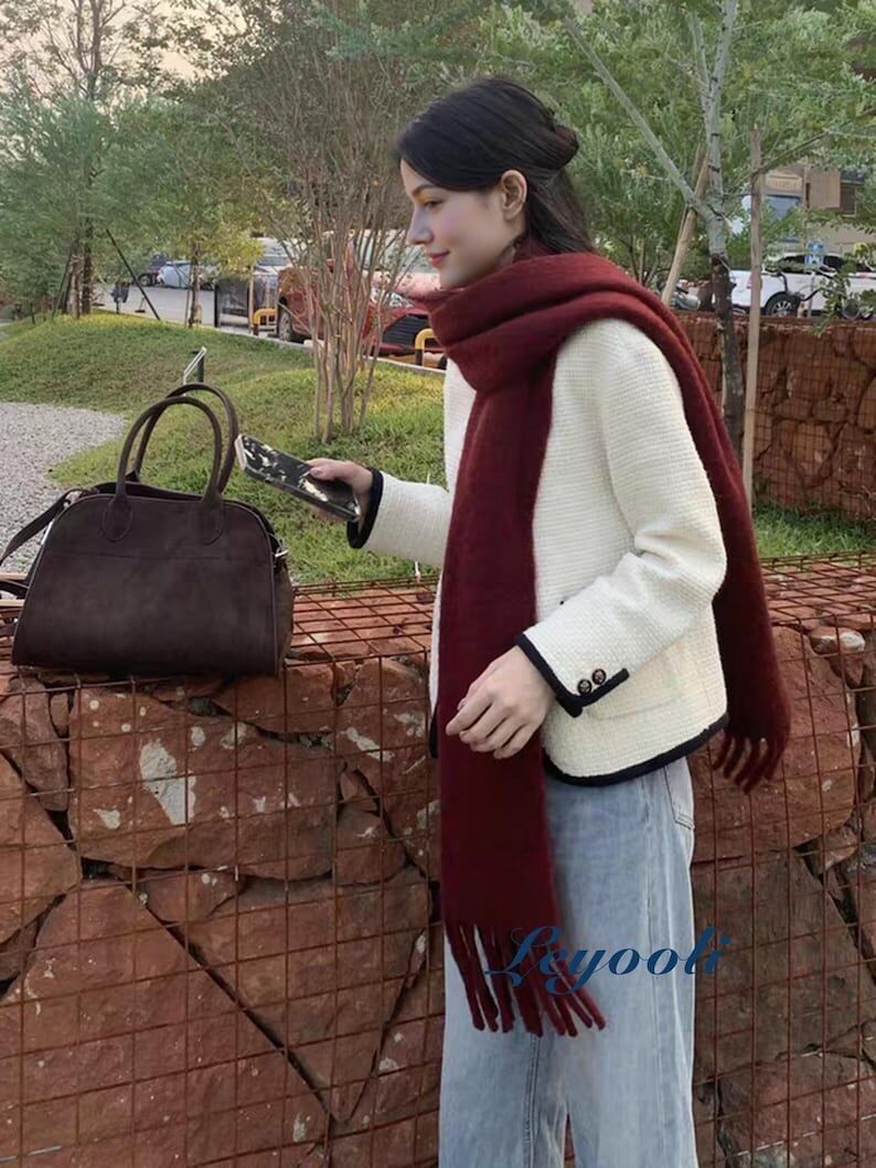 Bufanda de mezcla de lana burdeos: chal de invierno con tacto suave de mohair