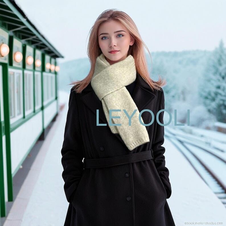 Bufanda de mezcla de lana beige, bufanda de invierno de punto liso