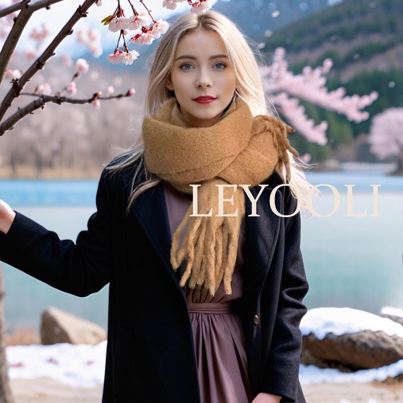 Bufanda con borlas de mezcla de mohair y camello, cálida y de color liso para invierno.