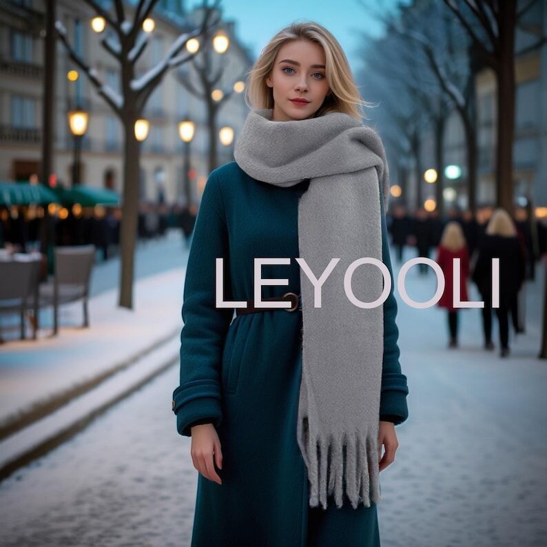 Bufanda de mohair gris con flecos, chal cálido de invierno