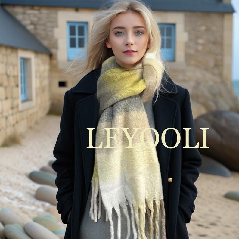 Bufanda de mohair a cuadros amarilla, chal cálido de invierno