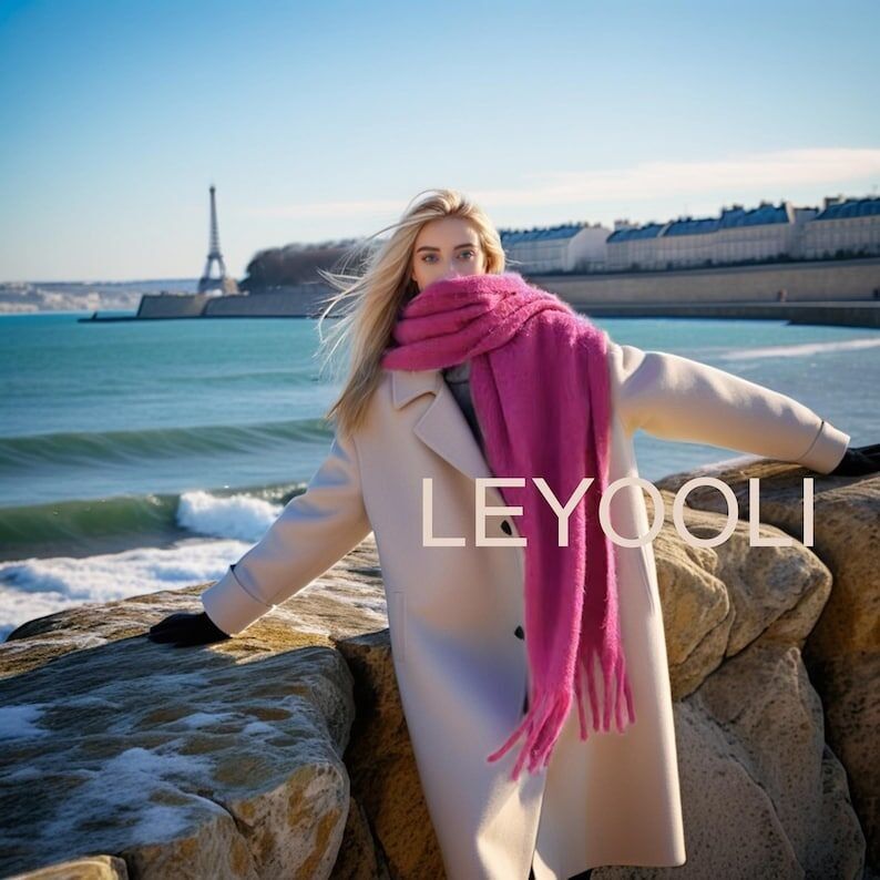 Bufanda de mezcla de mohair rosa, detalle de borlas, calidez invernal