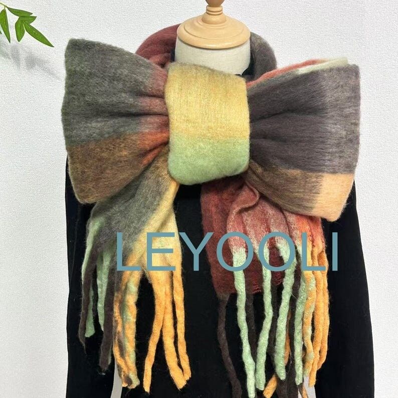 Bufanda de mohair a cuadros, mezcla de lana marrón rojiza, chal cálido de invierno