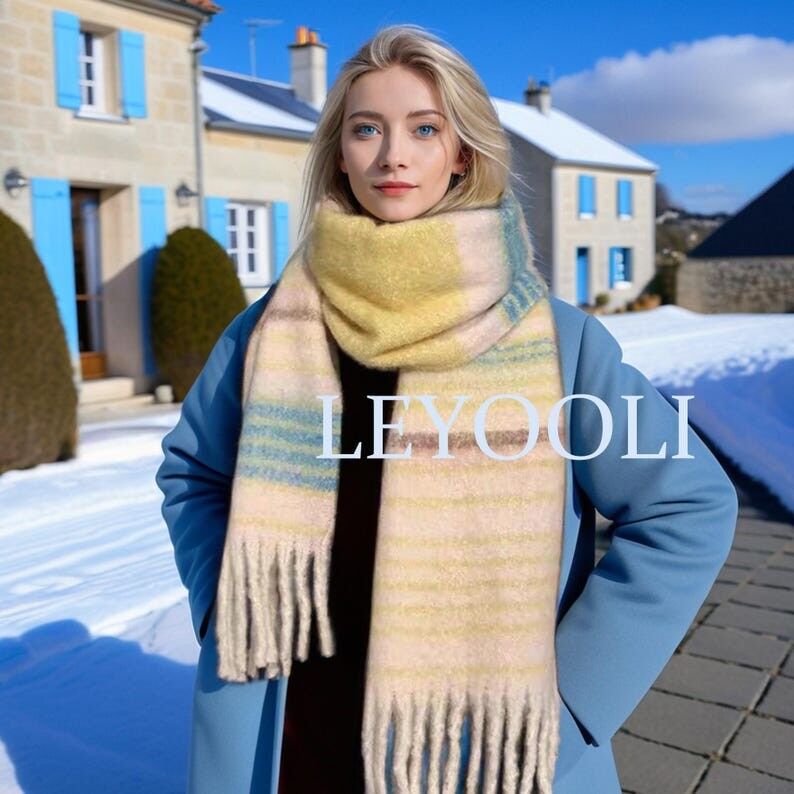 Bufanda de mohair a rayas, cálida bufanda de invierno, beige, naranja, verde y marrón