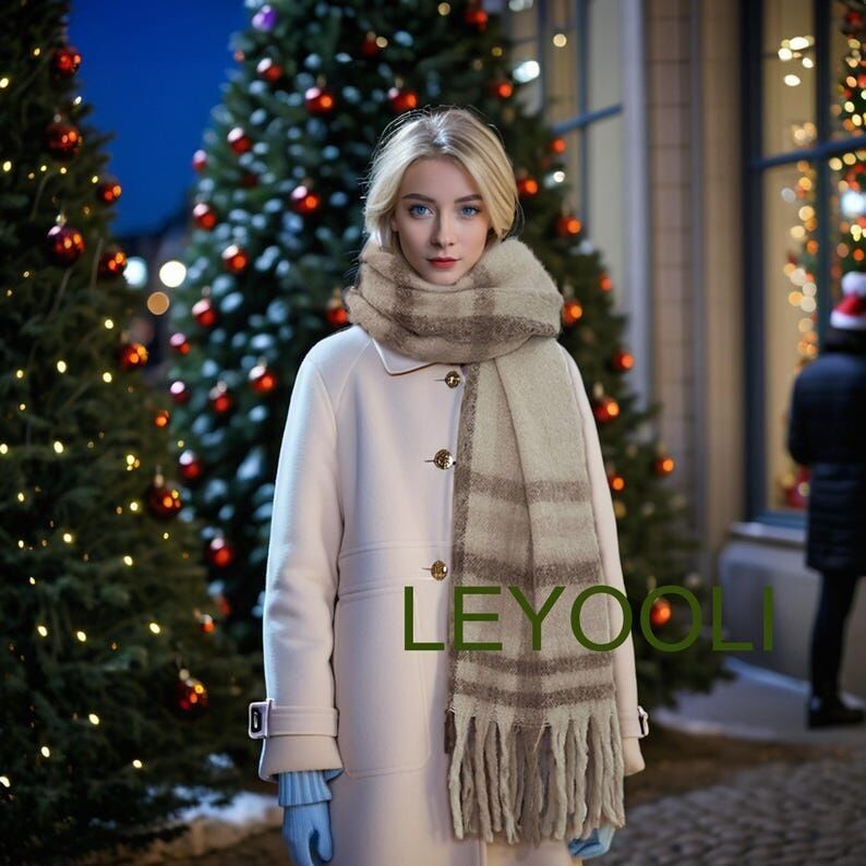 Bufanda de mohair con borlas a cuadros marrones, chal de invierno suave y cálido