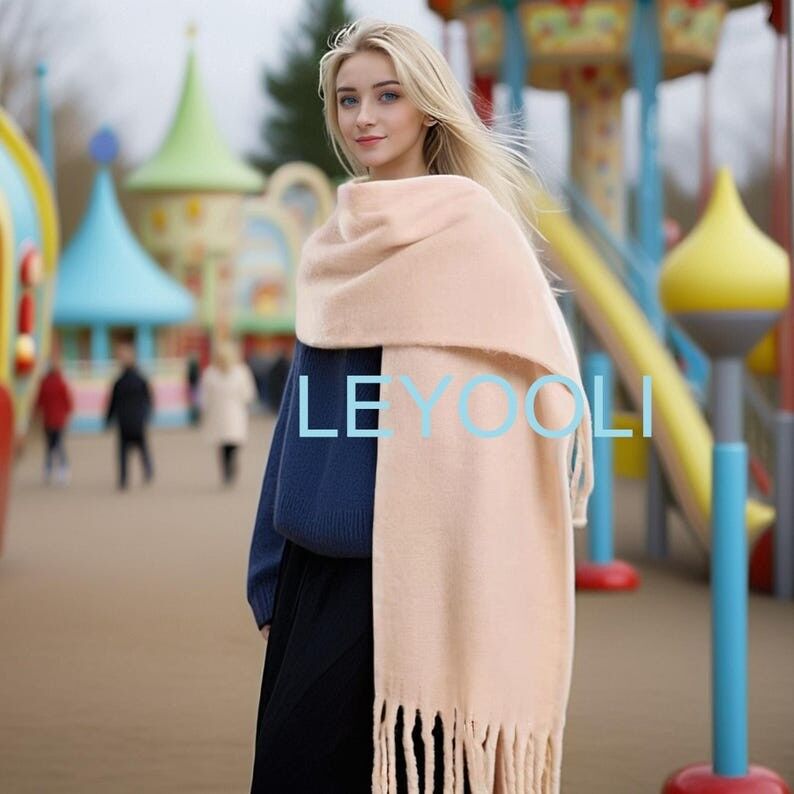 Bufanda con borlas de mezcla de mohair color crema, cálida bufanda de invierno