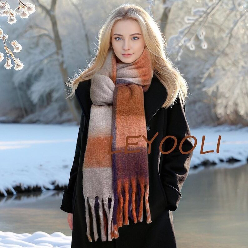 Bufanda de mohair a cuadros, chal a cuadros cálido de invierno