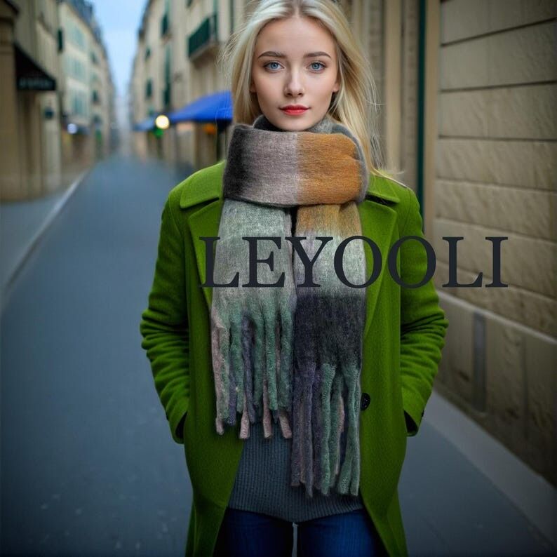 Bufanda de mohair a cuadros verdes, chal de invierno con borlas